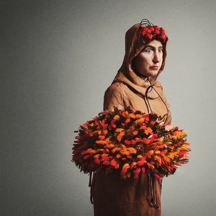 Prompt: a closeup portrait of a woman wearing a hood made of wire and zinnias, in an abandoned office building, by steven assael, canon eos c 3 0 0, ƒ 1. 8, 3 5 mm, 8 k, medium - format print