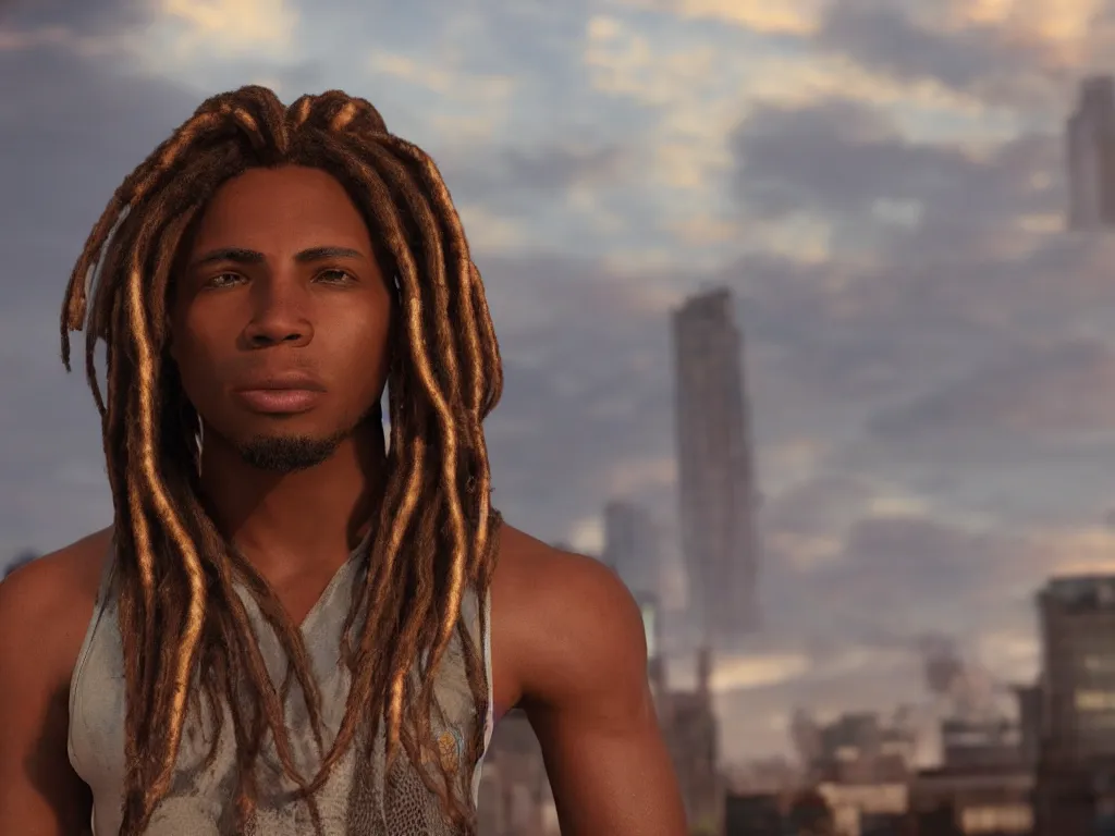 Image similar to portrait, a handsome african american johnny storm wearing brown dreadlocks hair, photorealistic, cinematic, high detail, dramatic lighting, unreal engine, city background, 8 k