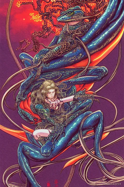 Image similar to illustration of a lightning demon riding a frog, intricate linework, in the style of moebius, ayami kojima, 1 9 9 0's anime, retro fantasy