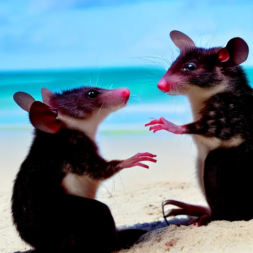 Prompt: possums playing on the beach