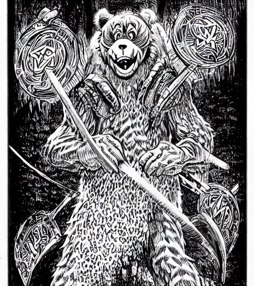 Image similar to a care bear as a d & d monster, pen - and - ink illustration, etching, by russ nicholson, david a trampier, larry elmore, 1 9 8 1, hq scan, intricate details, high contrast