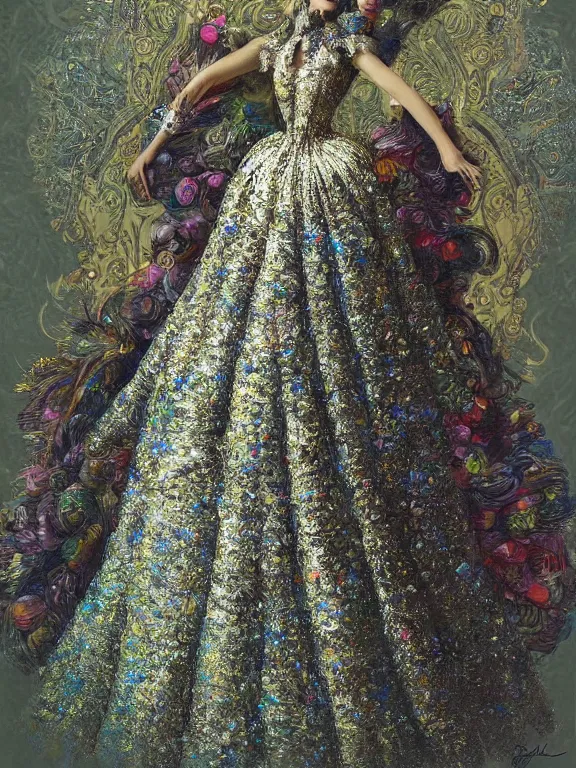 Image similar to A detailed digital picture of a beautiful women wear haute couture by John Galliano ,ethereal,maximalism,glittering, by patrick woodroffe,Gustave Doré,Trending on artstation,cgsociety，pinterest,vogue,Ligne Claire, DSLR,vivid color