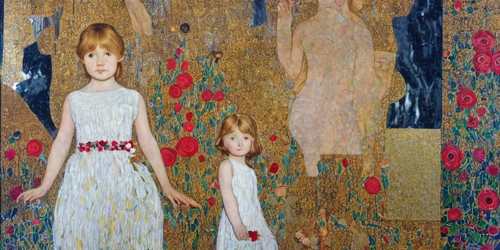 Prompt: a little girl standing in the middle of the picture holding a flower, wearing a white dress and red marijane shoes, on a marble floor, facing the picture, with two marble columns on either side of the picture, with gold and white ornaments, gold leaf, silver leaf and line, by klimt