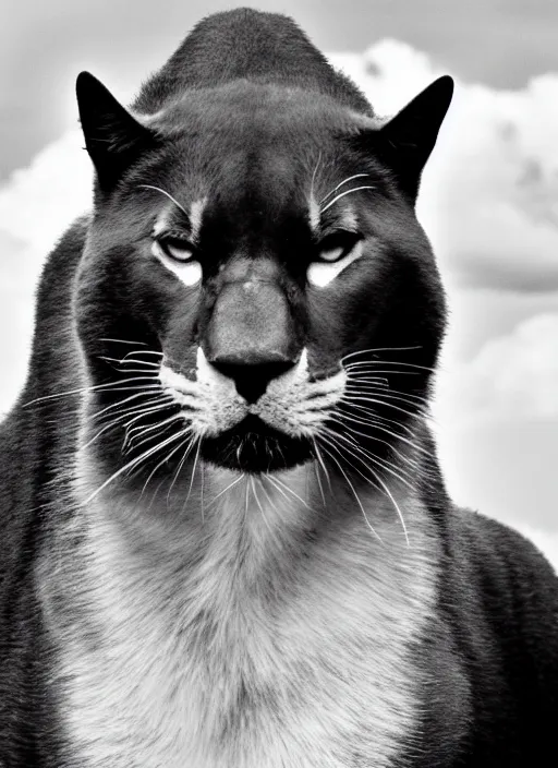 Image similar to black panther black and white portrait white sky in background