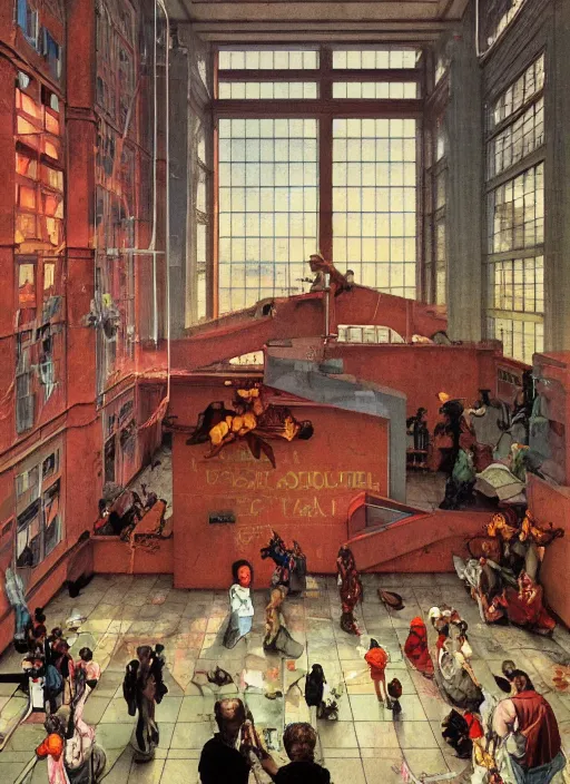 Prompt: realistic detailed image of a hospital apointment on top of a big building in the style of Francis Bacon, Surreal, Norman Rockwell and James Jean, Greg Hildebrandt, and Mark Brooks, triadic color scheme, By Greg Rutkowski, in the style of Francis Bacon and Syd Mead and Edward Hopper and Norman Rockwell and Beksinski, open ceiling, highly detailed, painted by Francis Bacon, painted by James Gilleard, surrealism, airbrush, Ilya Kuvshinov, WLOP, Stanley Artgerm, very coherent, art by Takato Yamamoto and James Jean