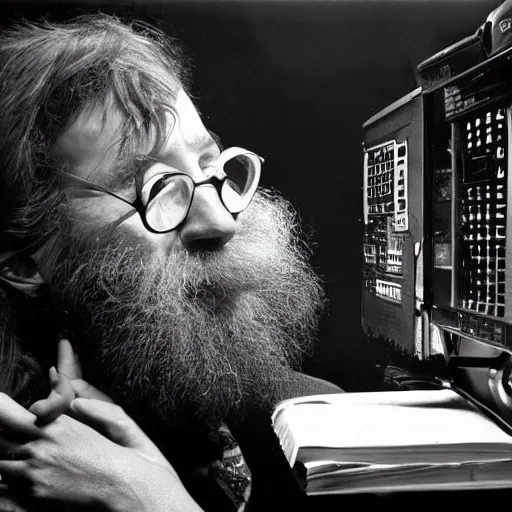 Prompt: a black and white photograph of a computer experiencing sensory information, by robert crumb, by jim henson, high contrast, soft lighting, surreal, film photography