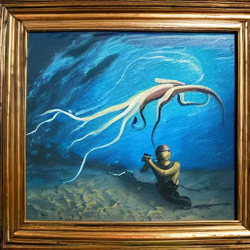 Prompt: oil painting of a squid swimming through the ocean with a diver as he reaches out, curiosity, discovery, deep sea, beautiful