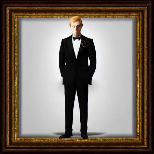 Image similar to pale redhead Donal Glison, dressed in formal suit, cinematic lighting, highly detailed, digital art, Renaissance painting, framed, by Rutkowsky,