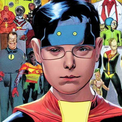 Image similar to Alex Ross and Sergio Bleda and Jérémy Petiqueux and Alex Maleev artwork of a boy super scientist in a retro space costume