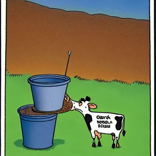 Image similar to a cow points at a bucket, far side, illustrated by gary larson