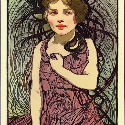 Image similar to a girl with a spider, colored woodcut, flat pastel colors, by Mackintosh, by Alfons Mucha, art noveau, by Gustave Dorè