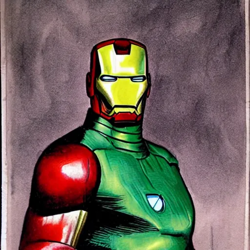 Prompt: basil gogos illustration of iron man