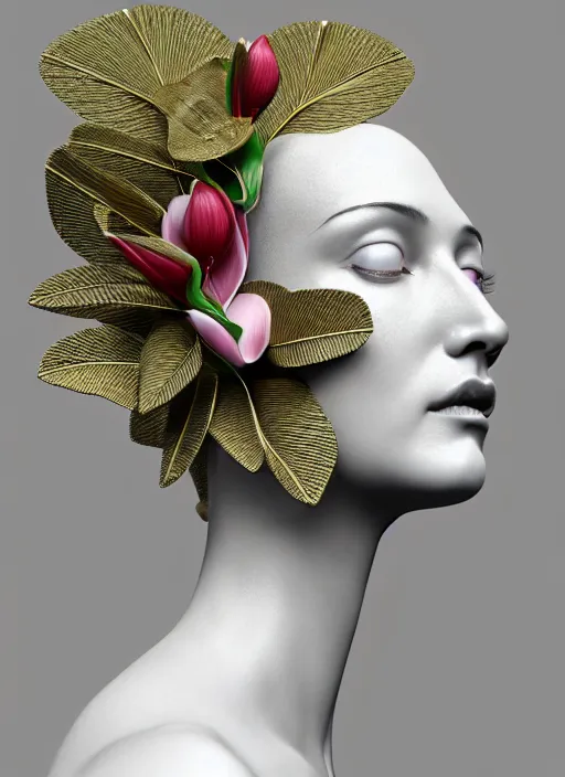 Prompt: complex 3d render ultra detailed of a beautiful porcelain profile woman face, mechanical vegetal cyborg, 150 mm, beautiful studio soft light, spot light, rim light, silver gold red details, luxurious, magnolia big filigran leaves and stems, roots, Alexander Mcqueen haute couture, fine foliage lace, mesh wire, filigran metallic intricate details, hyperrealistic, mandelbrot fractal, anatomical, silver metal armor, facial muscles, cable wires, microchip, elegant, white background, beautiful white teeth, octane render, H.R. Giger style, 8k