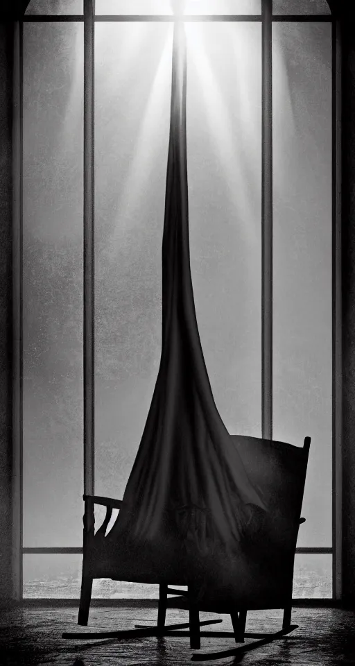 Prompt: creepy black and white scary high definition picture of an all black tall lanky heavily robed god rays volumetric lighting image of a ghostly heavily robed shadow eater sitting in a rocking chair by an old cracked sagging decaying slumping window with blinds and spider webs octane render cinema 4 d trending on art station misty ultra high definition hyper real realistic smooth highly detailed dynamic