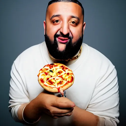 Prompt: studio portrait of DJ khaled with a slide of pizza hanging out of his mouth holding ice cream