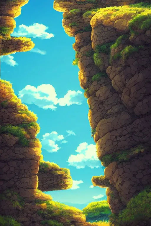 Image similar to stone wall stretching to the sky at the edge of the world, 4 k digital paint by studio ghibli hayao miyazaki. vivid colours, vaporwave lighting style, very sharp and detailed. trending on artstation and behance.