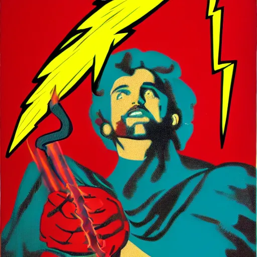 Image similar to zeus throwing lightning bolts, smiting, portrait, 70s pop art