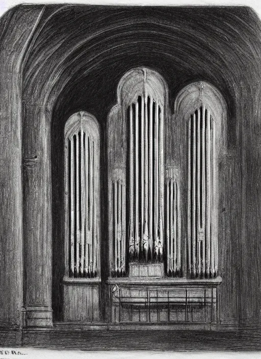 Prompt: pipe organ in a sunken cathedral, 1 9 th century charcoal and pencil drawing, high detail, high contrast