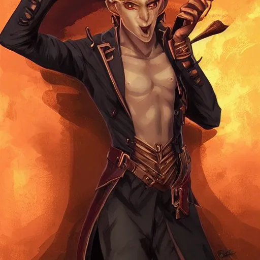 Image similar to dnd character illustration of a dark tanned half - elf with messy short red hair and golden eyes with slit pupils, beautiful and androgynous, feral, glowing, golden hour, wearing a stylish men's suit by ross tran and gerald brom