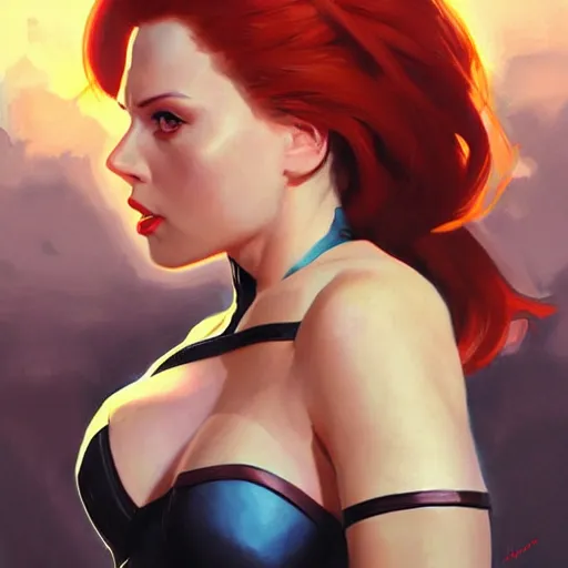 Image similar to greg manchess portrait painting of fully armored natasha romanova aka black widow as overwatch character, medium shot, asymmetrical, profile picture, organic painting, sunny day, matte painting, bold shapes, hard edges, street art, trending on artstation, by huang guangjian and gil elvgren and sachin teng