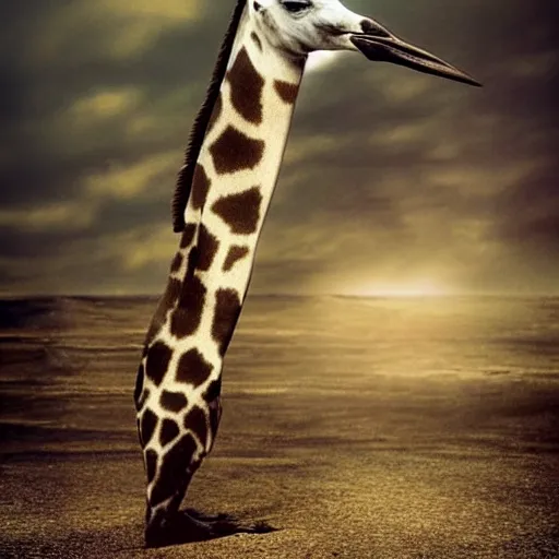 Image similar to a real photograph, full body shot, a hybrid mix between a penguin body, a giraffe neck, hyper detailed, photomanipulation, photoshop, unreal