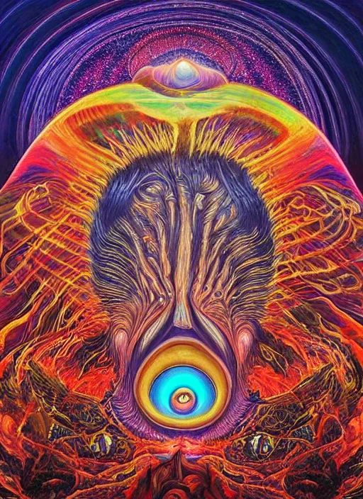 Prompt: incredible ultra dimensional psychedelic experience time, while tripping on dmt, energy waves, trippy melting eyes, overwhelming psychosis of self - realization and burning awakening, masterpiece composition, by barclay shaw, louis dyer, pablo amaringo