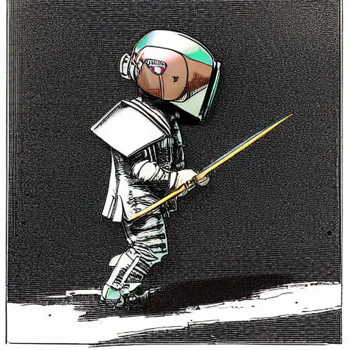 Image similar to sketch of a cute chibi dnd daft punk gnome inventor tinkerer wearing a helmet, walking cautiously, etching by louis le breton, moebius 1 8 6 9, 1 2 0 0 dpi scan