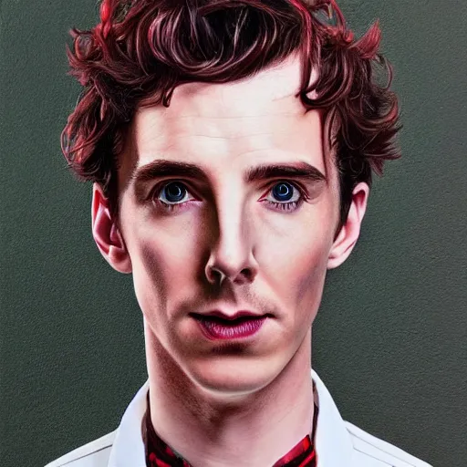 Prompt: portrait of a hybrid of benedict cumberbatch and freddie highmore and timothee chalamet in black shirt with red suspenders, photo realistic, highly detailed, perfect face, art by james jean