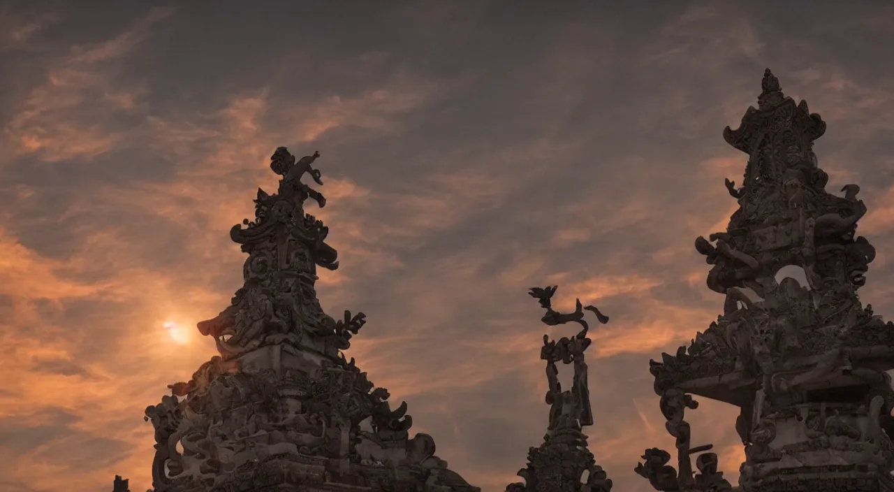 Prompt: Sacrifice to the sun god atop a temple, eerie, intense, dramatic, emotion, cinematic, sunset