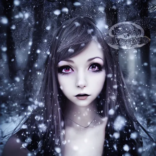 Image similar to focus face portrait of beautiful darkness witch 3D anime girl, dark forest background, snowing, bokeh, inspired by Tim Burton, digital painting, high contrast, unreal engine render, volumetric lighting, high détail