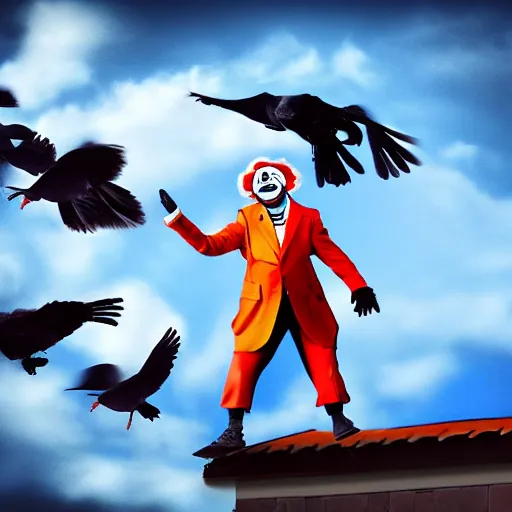 Image similar to A clown on the roof of the church playing with crows, futurist, digital art, dramatic lighting, symbolic