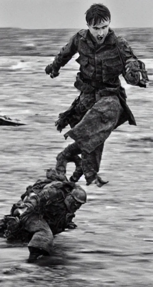 Image similar to film still of Daniel Radcliffe storming Normandy beach in Saving Private Ryan