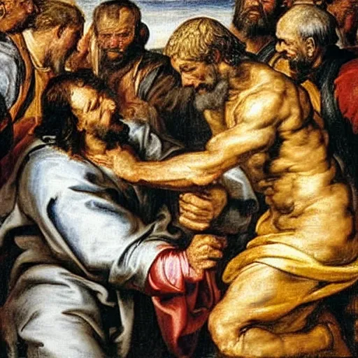 Image similar to the pope arm wrestling Jesus, 24mm Peter paul Rubens