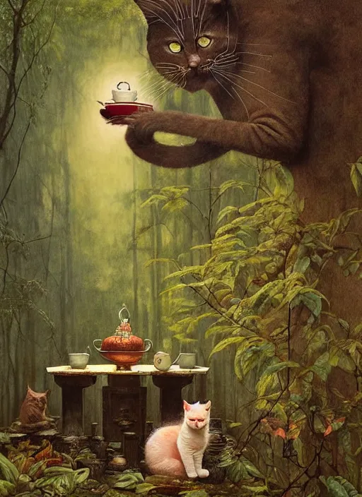 Image similar to cat having tea at a shrine in the woods gorgeous lighting, lush forest foliage a hyper realistic painting by chiara bautista and beksinski and norman rockwell and greg rutkowski weta studio, and lucasfilm