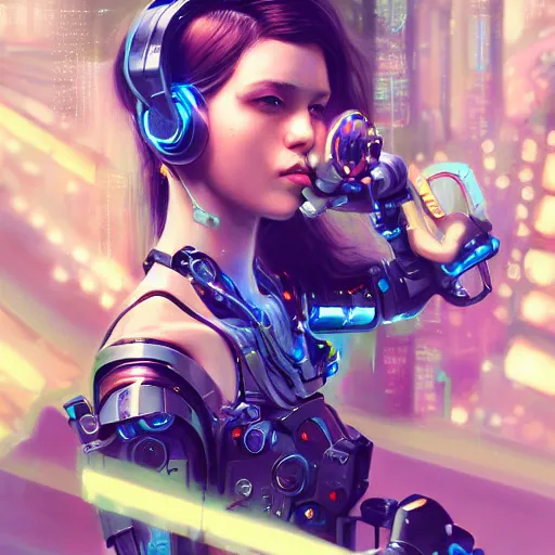Prompt: portrait of a beautiful cybernetic raver girl wearing a occulus headset, cyberpunk concept art by pete mohrbacher and artgerm and wlop and deathburger and syd mead, digital art, highly detailed, intricate, fantasy, mystical, sharp focus, Trending on Artstation HQ, deviantart, unreal engine 5, 4K UHD image