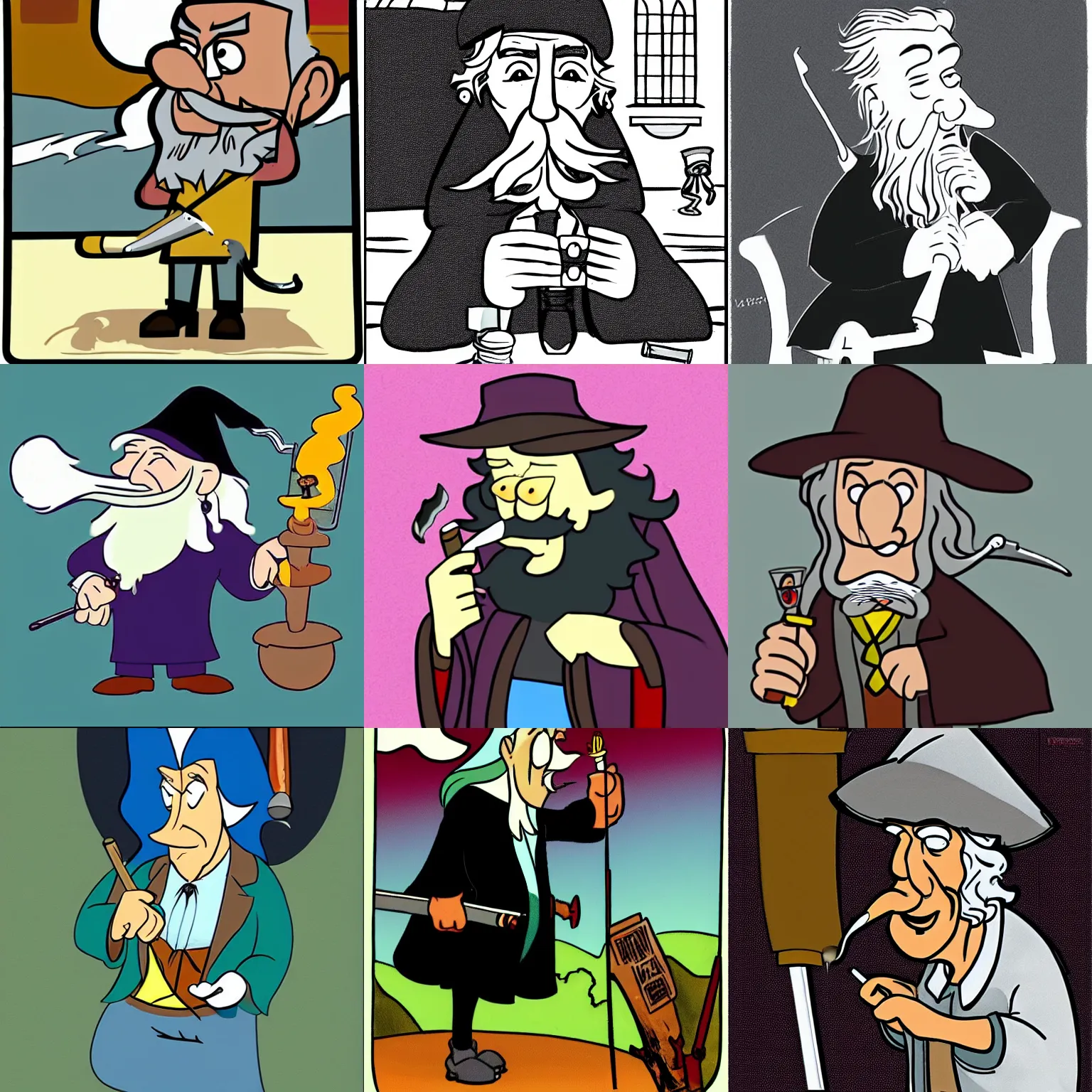 Prompt: man named yaners, smoking gandalf pipe, fleischer cartoon style