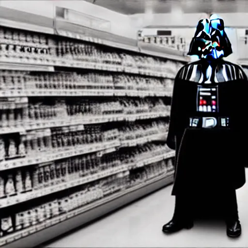 Image similar to security camera footage of darth vader shopping in an convenience store, filmic, cinematographic