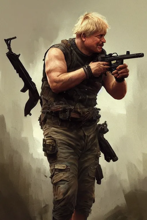 Image similar to Boris Johnson as Rambo with guns, Boris Johnson hairstyle, masculine figure, highly detailed, digital painting, artstation, concept art, smooth, sharp focus, illustration, cinematic lighting, art by artgerm and greg rutkowski and alphonse mucha