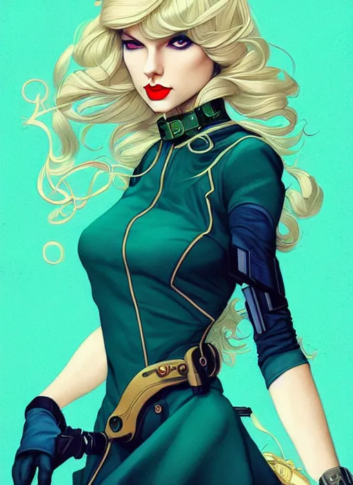 Image similar to style artgerm, joshua middleton, taylor swift with green dress, very long blue hair, symmetrical face, symmetrical eyes, steampunk western gunslinger with cyborg arm, cinematic lighting