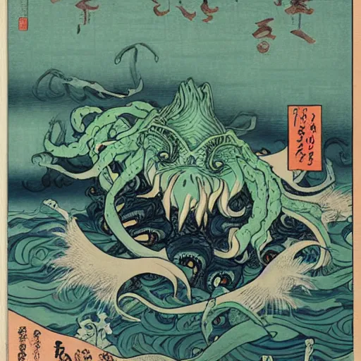 Image similar to ukiyo-e of Cthulhu rising from the depths