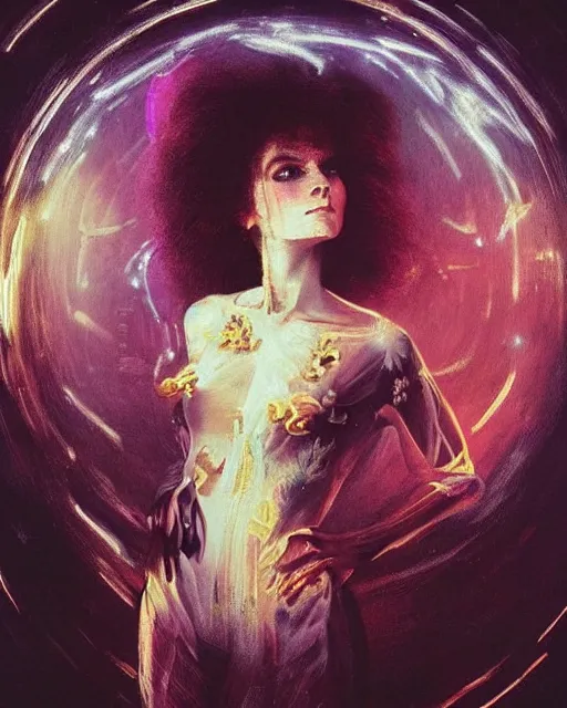 Image similar to a beautiful and eerie baroque painting of a gorgeous young woman in dead space, with wild hair and haunted eyes, 1 9 7 0 s, space station, neon light, delicate ex embellishments, painterly