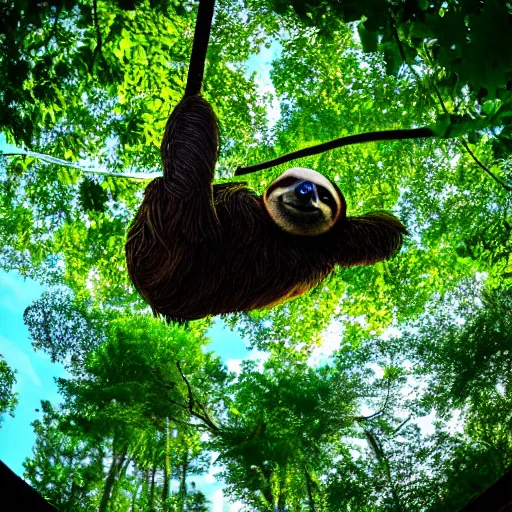 Prompt: a sloth hanging from a branch, wearing green and yellow glasses, hd photo, from below, fish-eye lens