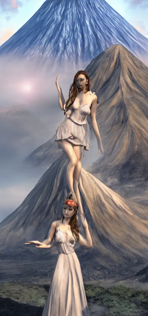 Image similar to a beautiful hyperrealistic ultradetailed 3D, one girl in a magnificent dress stands near a volcano, voge photo, fashion style, fullbody, in full growth, photorealistic, high resolution, trending on artstation, highly detailed, volumetric lighting,artstation, concept art, master illustration, elegant, details, good clear quality, volumetric lighting,