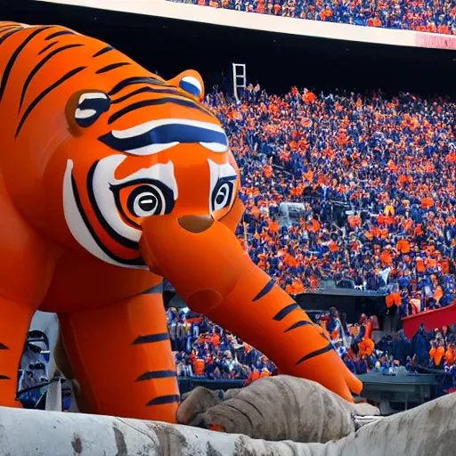 Image similar to aubie the tiger standing on a collapsed elephant, jordan hare stadium, ultra realistic