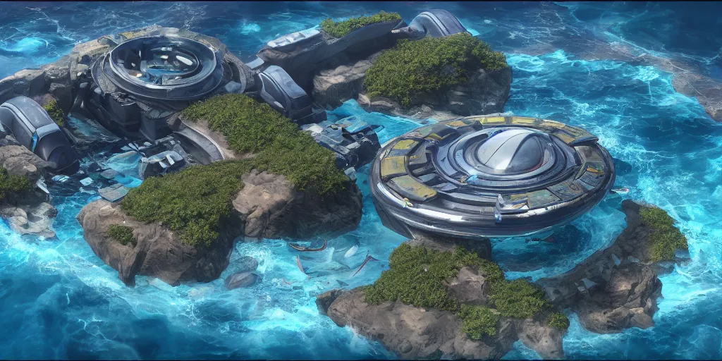 Image similar to circular floating ocean settlement, low angle view, fusion of subnautica and star trek, by noriyoshi ohrai, soft natural volumetric lighting, beautifully detailed 4 k octane render, 4 k post processing