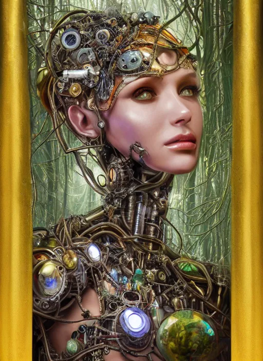 Prompt: oil painting of beautiful female robot covered by plants and crystals in the mystical forest, beautiful symmetrical face, chrome parts, opal crystals, renaissance style, golden steampunk, retro futurism, sci - fi, filigree jewellery, baroque, cinematic light, mystical shadows, 8 k