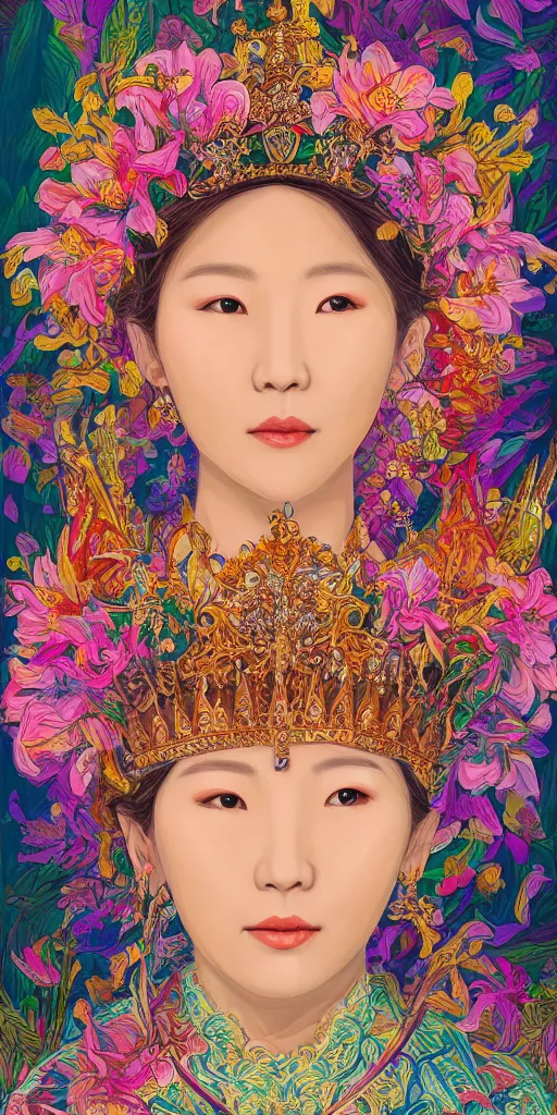 Image similar to highly detailed portrait of a korean queen, wearing a crown of flowers by roger dean and alena aenami