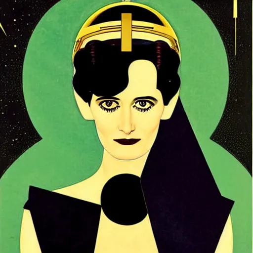 Prompt: Eva Green, Art by Coles Phillips, Gilded outfit, Jet black hair, Green eyes, Portrait of the actress, Eva Green as Space Commander Alpha from the Year 4000, geometric art, poster, no text, Mucha, Kandinsky, carbon blac and antique gold