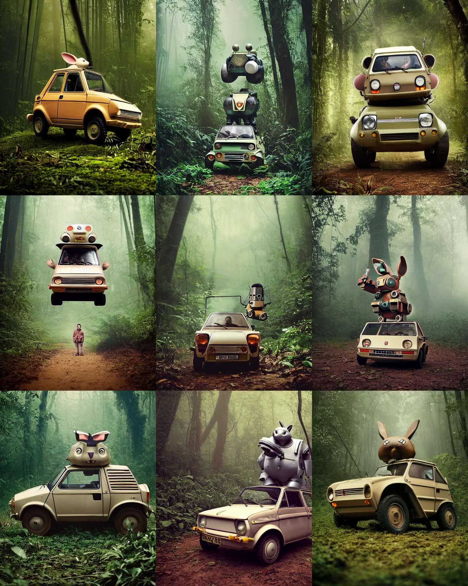 Prompt: epic chase!!!giant oversized battle rabbit robot chubby fat mech with big ears as fiat 126p , in jungle forest !!! , full body , Cinematic focus, Polaroid photo, vintage , neutral dull colors, foggy mist ,by oleg oprisco , by victor enrich , by gregory crewdson , by discovery channel