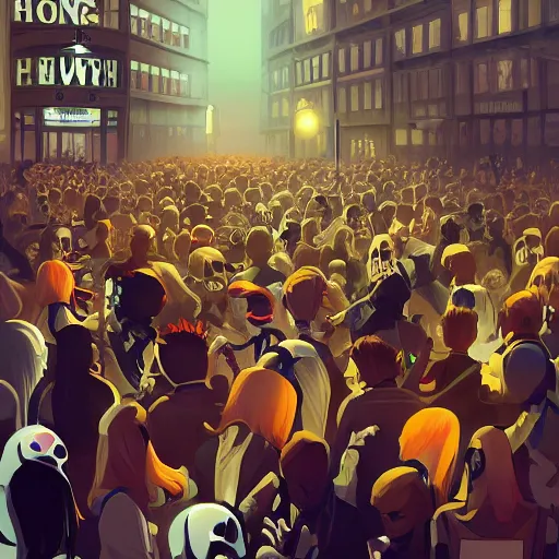 Image similar to a crowd composed by skeletons dressed funnily fight to have the an Iphone in a store of London, 2d, ultra highly detailed, digital painting, smooth, sharp focus, artstation, pixiv, art by Ilya Kuvshinov